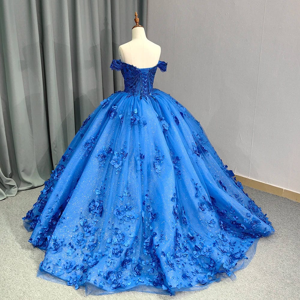 Romantic Lake blue Off Shoulder Ball Gown Quinceanera Dresses 3D Flowers Tulle Sweet 16 Party Gown 9963
