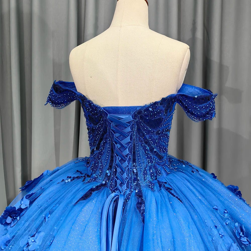 Romantic Lake blue Off Shoulder Ball Gown Quinceanera Dresses 3D Flowers Tulle Sweet 16 Party Gown 9963