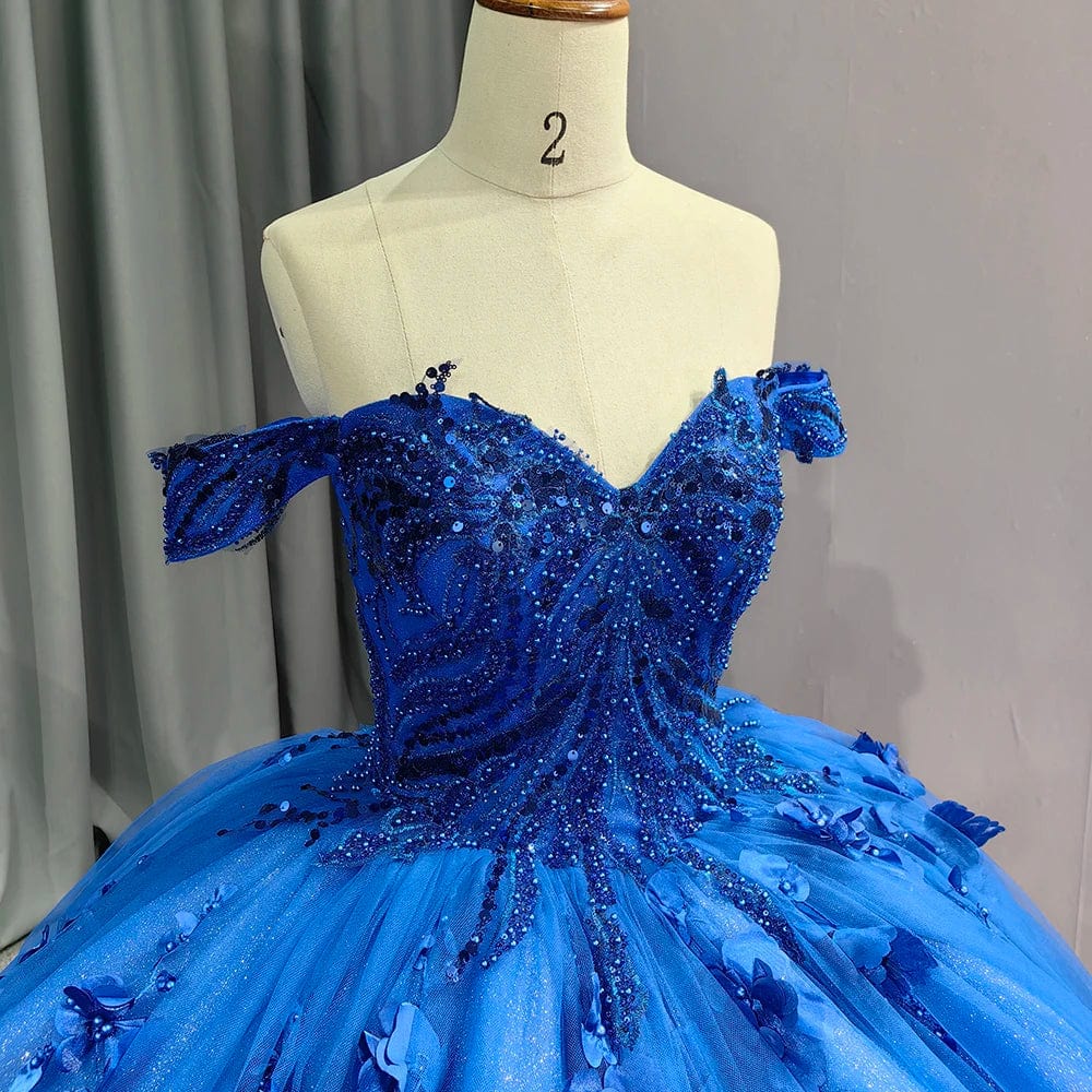 Romantic Lake blue Off Shoulder Ball Gown Quinceanera Dresses 3D Flowers Tulle Sweet 16 Party Gown 9963