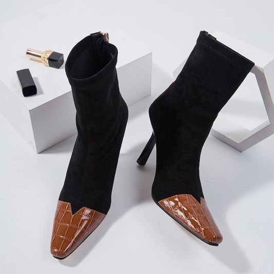 Rome Style Mixed Black 2022 Colors PU Square Toe Gold Chain Decoration Thin High Heel Mid-Calf Brown Boots 36-42 Women Shoes