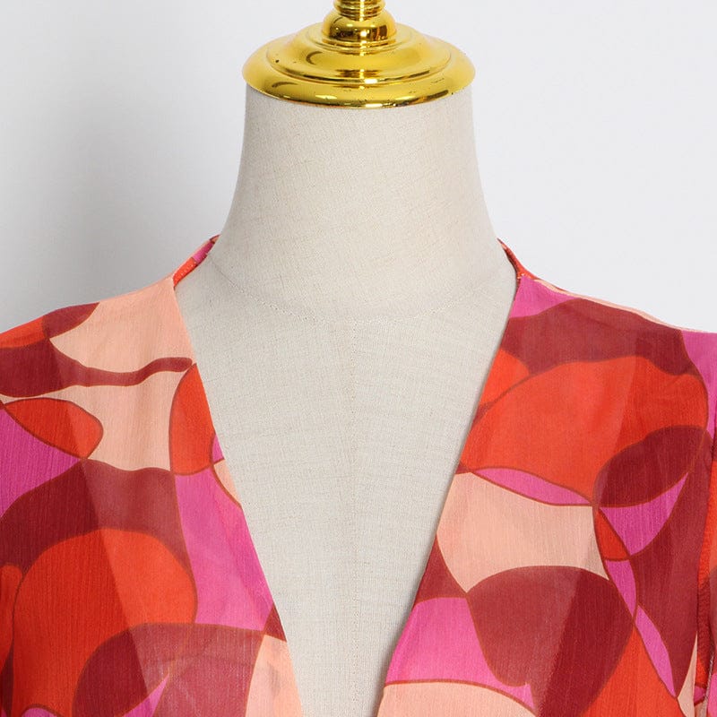 Ropa Americana Holiday Style Long Dress 2022 Autumn V-neck Puff Sleeves Red Print Stitching Single-breasted Dress