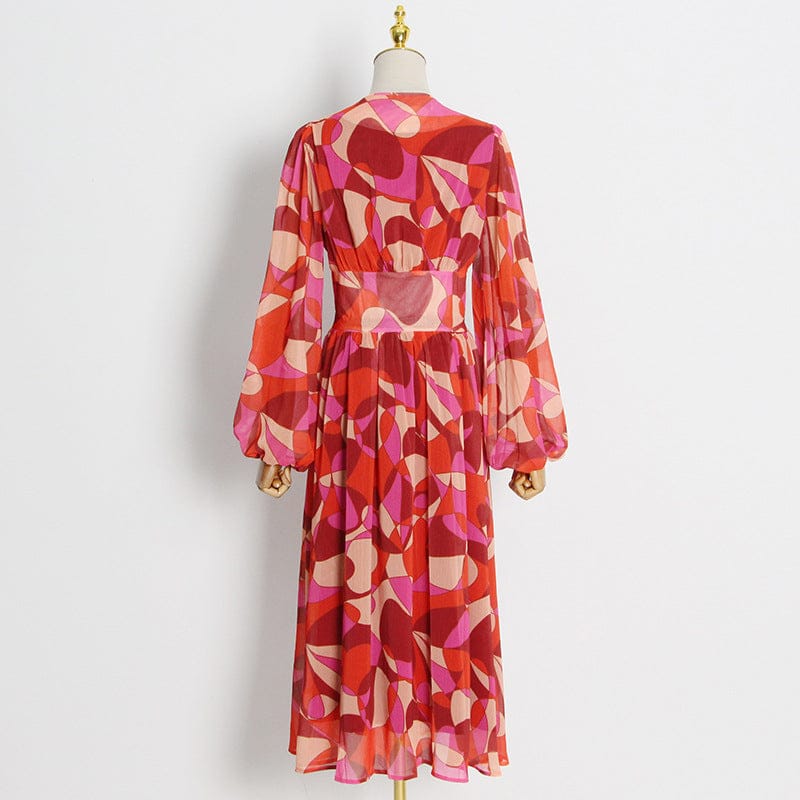 Ropa Americana Holiday Style Long Dress 2022 Autumn V-neck Puff Sleeves Red Print Stitching Single-breasted Dress