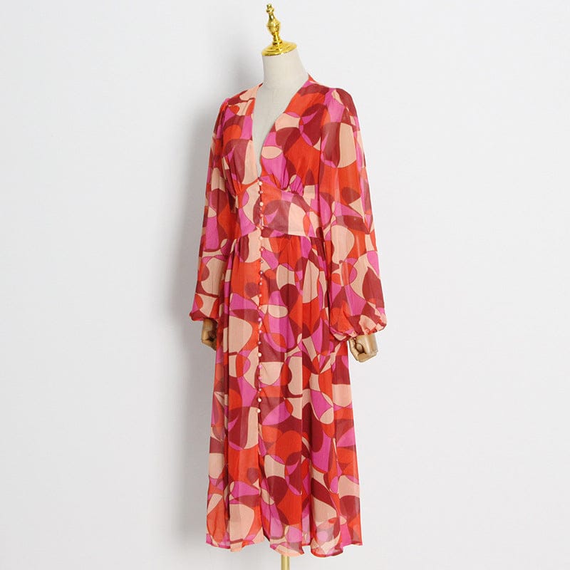 Ropa Americana Holiday Style Long Dress 2022 Autumn V-neck Puff Sleeves Red Print Stitching Single-breasted Dress