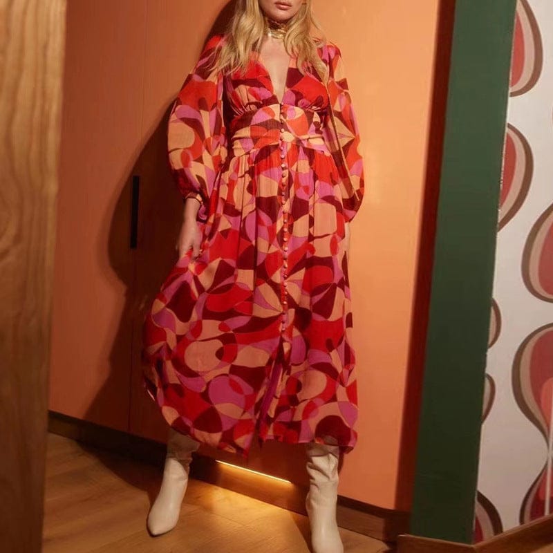 Ropa Americana Holiday Style Long Dress 2022 Autumn V-neck Puff Sleeves Red Print Stitching Single-breasted Dress