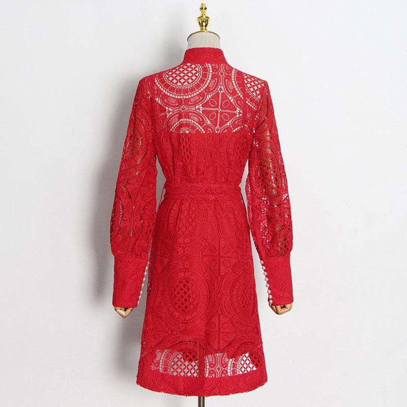 Ropa Casual Sexy Lace Dress 2022 Autumn Single Row Pearl Buckle Stitching Hook Flower Hollow Strap Dress