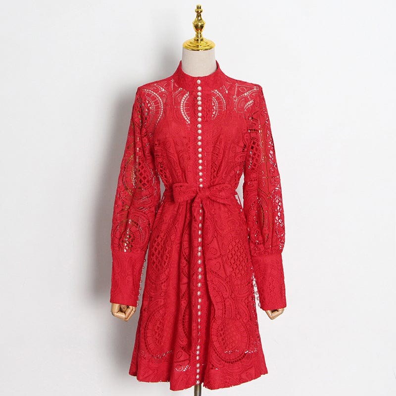 Ropa Casual Sexy Lace Dress 2022 Autumn Single Row Pearl Buckle Stitching Hook Flower Hollow Strap Dress