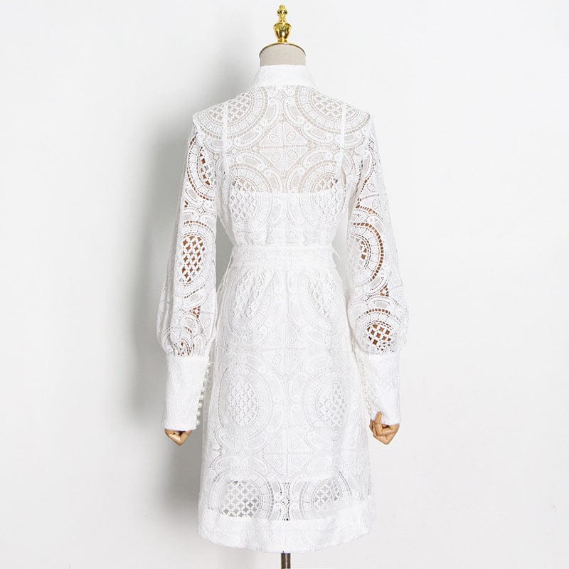 Ropa Casual Sexy Lace Dress 2022 Autumn Single Row Pearl Buckle Stitching Hook Flower Hollow Strap Dress