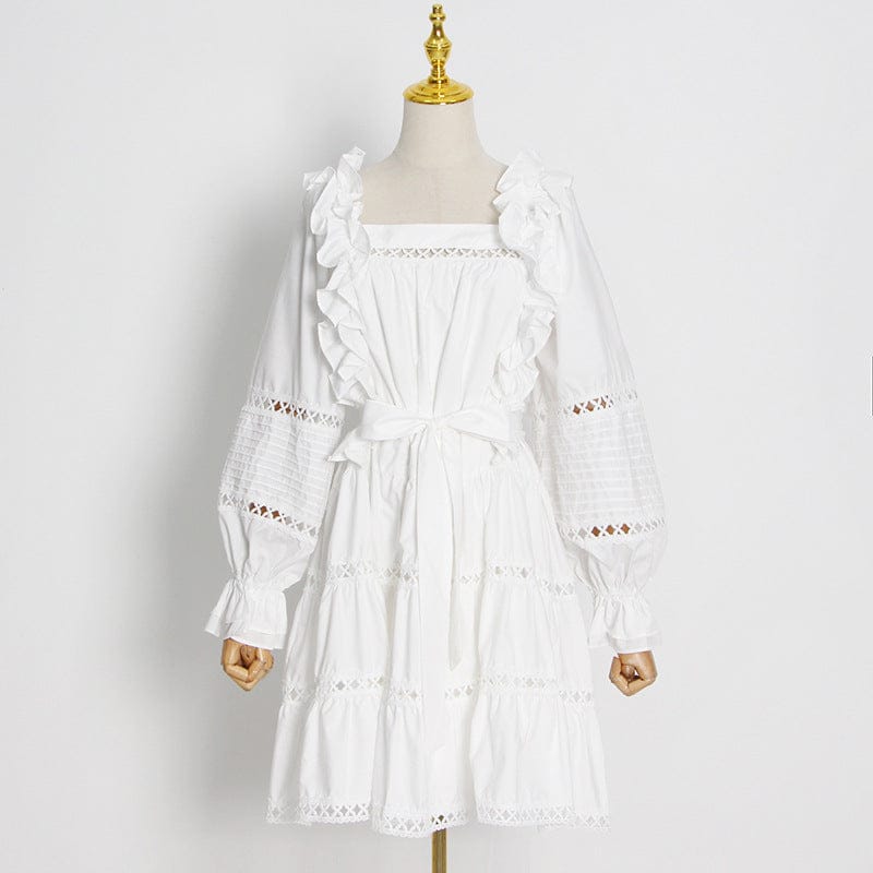 Ropa Para Mujer Elegant Solid Color Ruffled Dress Women's 2022 Autumn New One-word Collar Hollow Embroidery Lace-up Dress