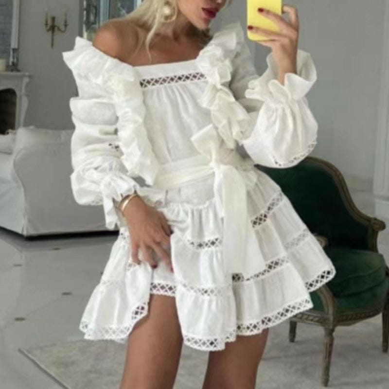 Ropa Para Mujer Elegant Solid Color Ruffled Dress Women's 2022 Autumn New One-word Collar Hollow Embroidery Lace-up Dress
