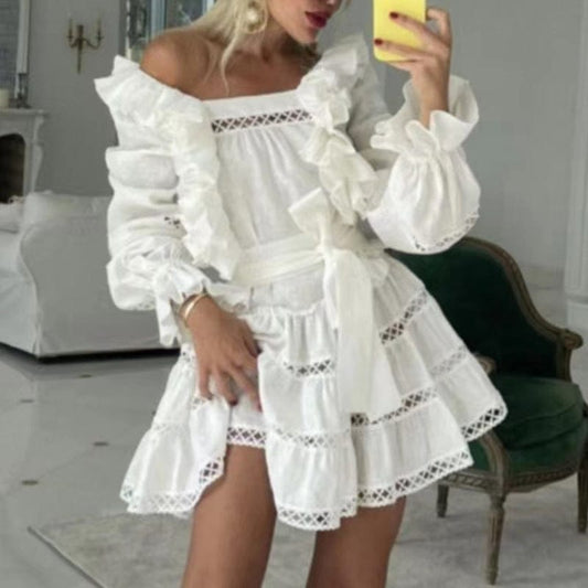 Ropa Para Mujer Elegant Solid Color Ruffled Dress Women's 2022 Autumn New One-word Collar Hollow Embroidery Lace-up Dress