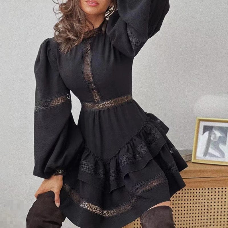 Ropa Por Mayor Fashion Style Embroidered Dress 2022 Autumn New Lace Stand Collar Waist Women Mini Dress