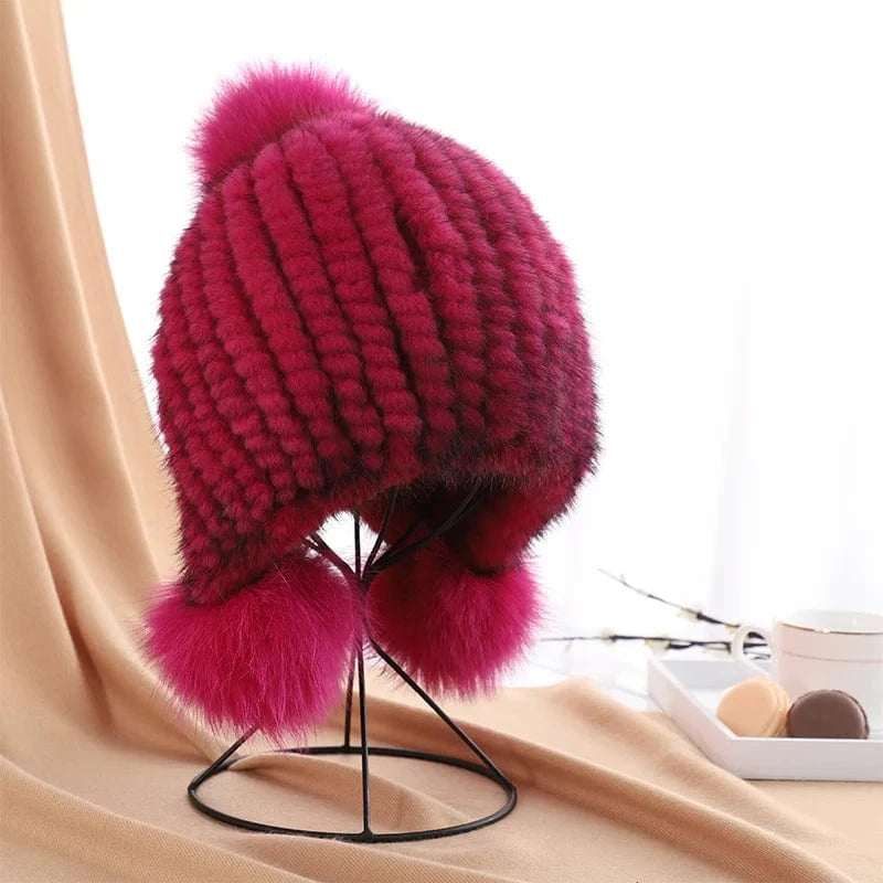 Rose/blk Winter fashion earflap pom ball women knitted mink fur hats