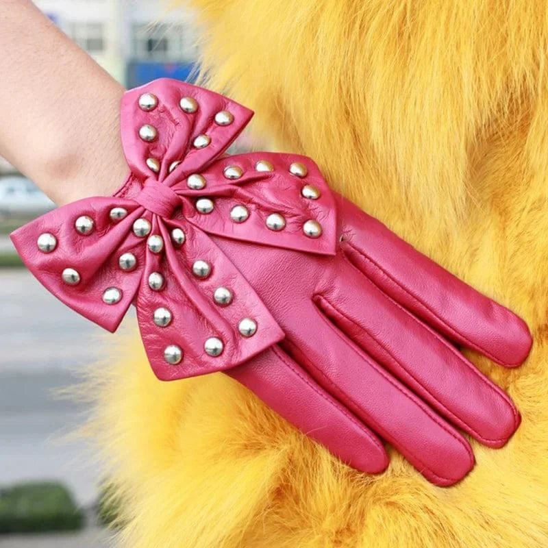 Rose Cute texting Christmas gift women rivet Leather sheepskin gloves with bow