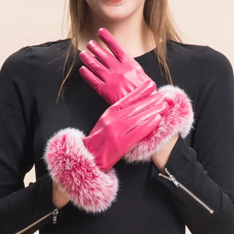 Rose Fashion purple smartphone fleece rex rabbit fur cow split leather gloves for woman