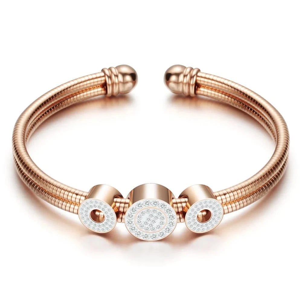 rose gold LWI61629 Women High Quality Stainless Steel Double Layers Snake Chain Crystal Charm Cubic Zirconia Open Cuff Bracelet Bangle