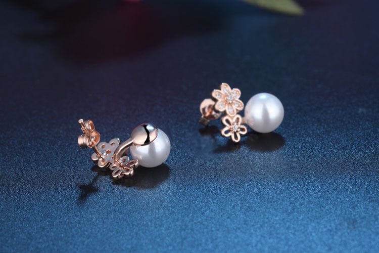 Rose Gold New Style Fashion Brand Jewelry Double Imitation Pearl Stud Earrings for Women Flower Zircon Inlaid Earrings