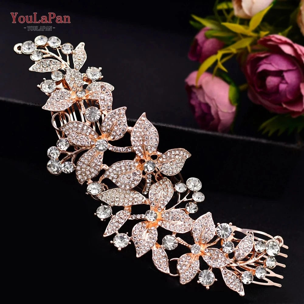 Rose Gold YouLaPan HP301 Multicolor Alloy Flower Hair Comb Party Hair Accessories Shiny Rhinestone Silver Gold Bridal Hairpiece