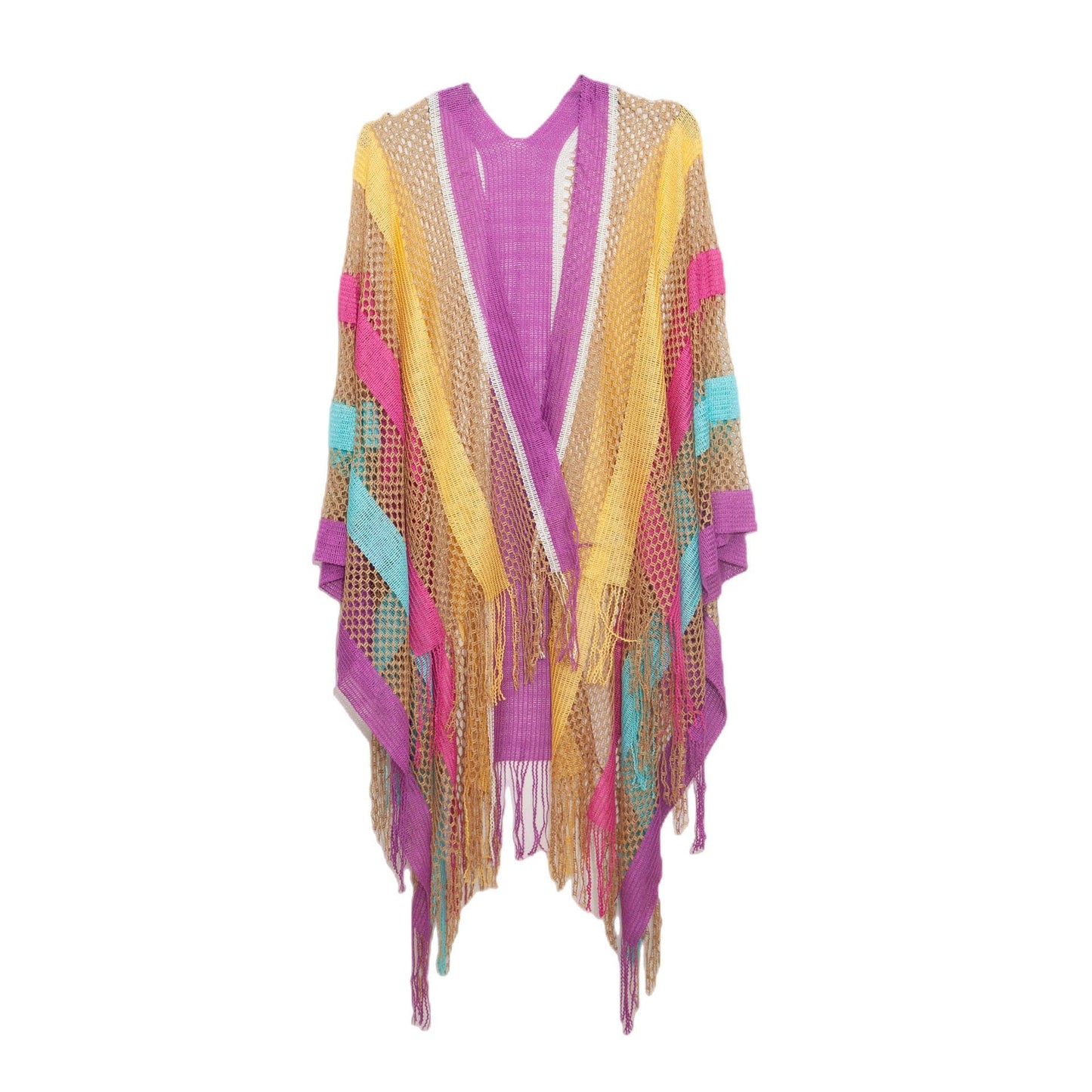 Rose red New Women's Cloak Tourism Ethnic Style Rainbow Stripes Summer Sunscreen Thin Hollow Shawl