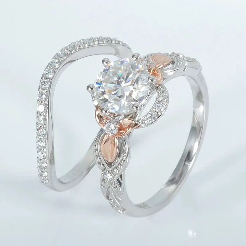 Round D color strong hearts arrows cut  2 carat moissanite diamond engagement ring with curved band 14k white gold&rose gold