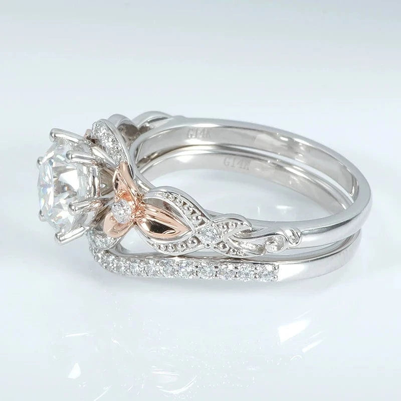 Round D color strong hearts arrows cut  2 carat moissanite diamond engagement ring with curved band 14k white gold&rose gold