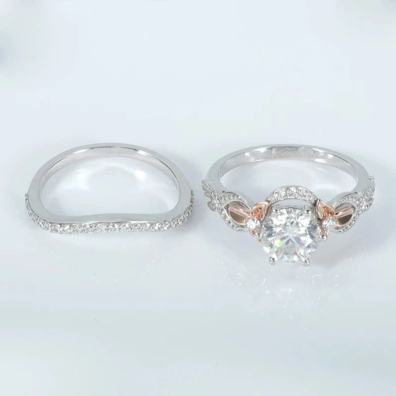 Round D color strong hearts arrows cut  2 carat moissanite diamond engagement ring with curved band 14k white gold&rose gold