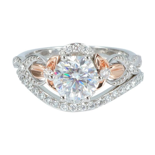 Round D color strong hearts arrows cut  2 carat moissanite diamond engagement ring with curved band 14k white gold&rose gold
