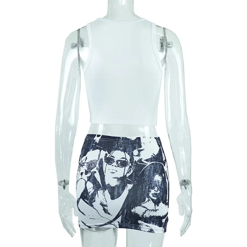 Round Neck Cartoon Print Sleeveless Short Tank Top Half Skirt Set women 2 piece matching pant set