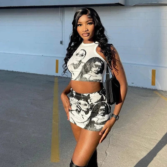 Round Neck Cartoon Print Sleeveless Short Tank Top Half Skirt Set women 2 piece matching pant set