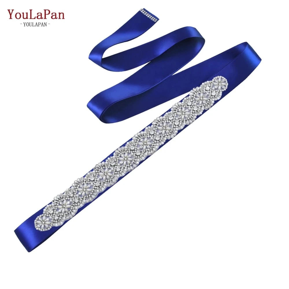 Royal blue Ribbon YouLaPan S04C Rhinestone Party Dress Belt Luxury Bridal Sash Ribbon For Ladies Evening Dress Bridal Jewelry Belt