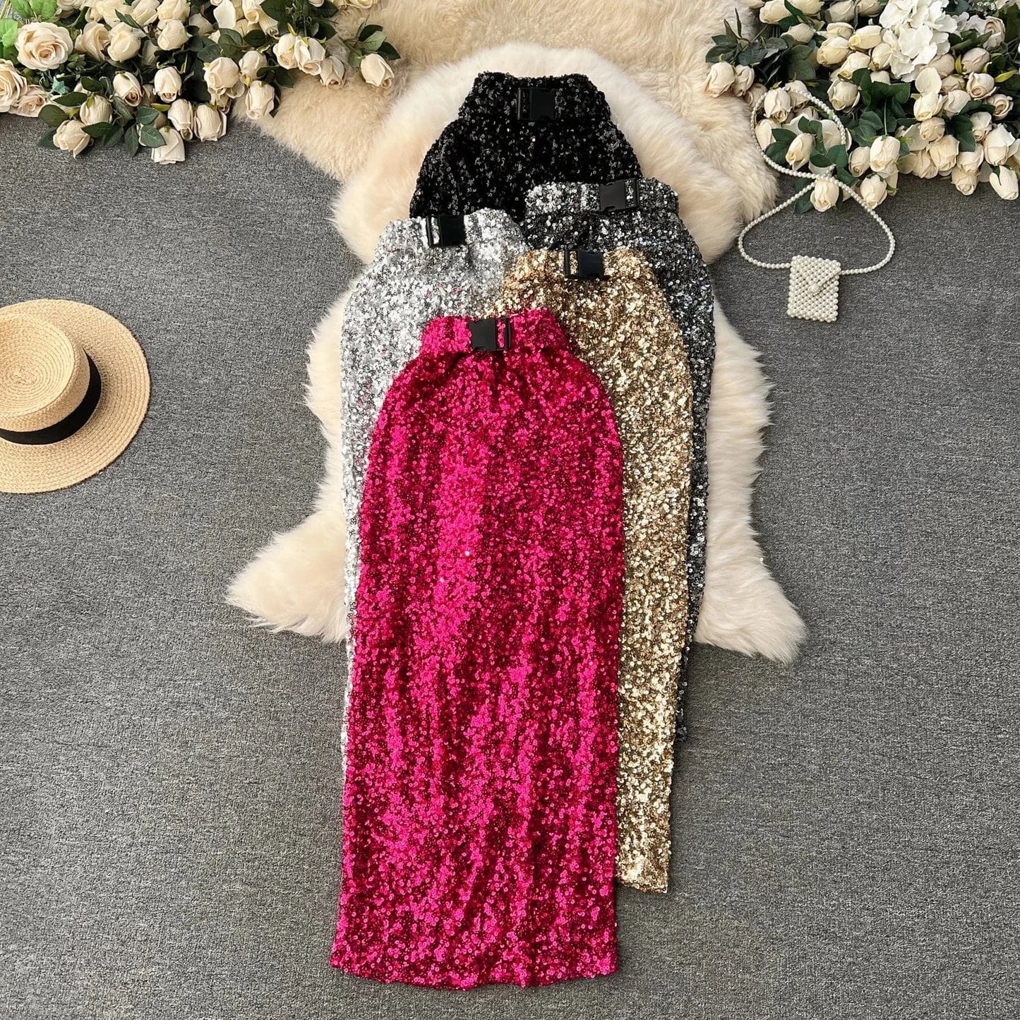 Royal Sister Wears Women's Instagram High Quality Shining Skirt with Belt Slim Fit Full Length One Step Skirt