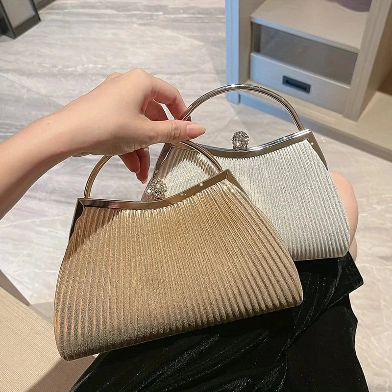 Ruched Evening Bags for Women Top Ring Clutch Purse Rhinestone Decor Handbags for Wedding Prom Dinner