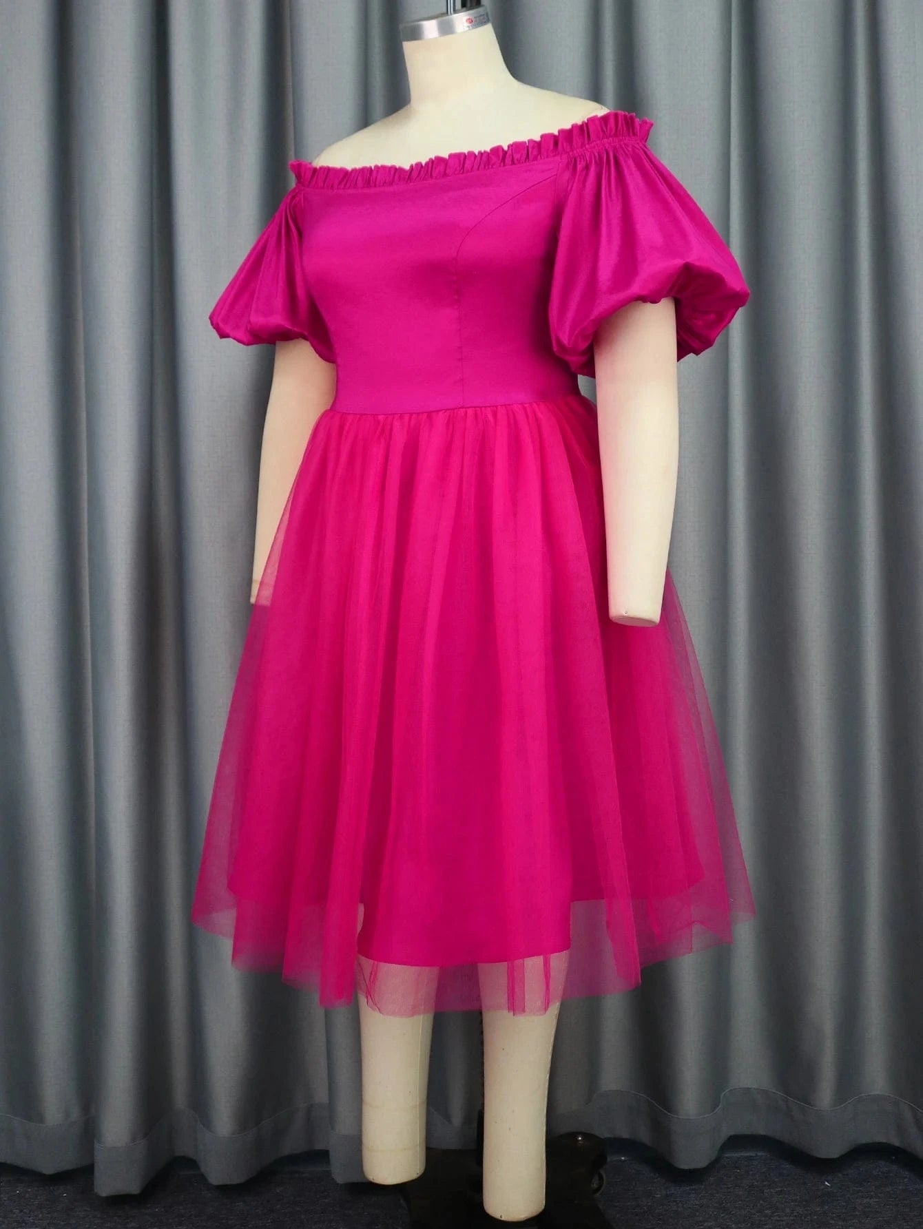 Ruffles Hot Pink Spring Off Shoulder Mesh Girl A Line Prom Dresses