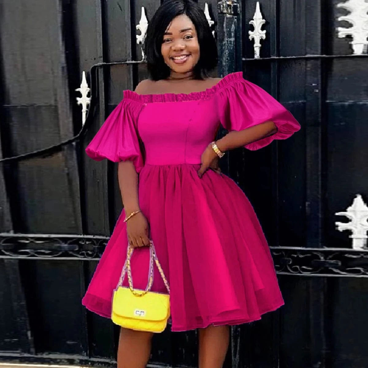 Ruffles Hot Pink Spring Off Shoulder Mesh Girl A Line Prom Dresses