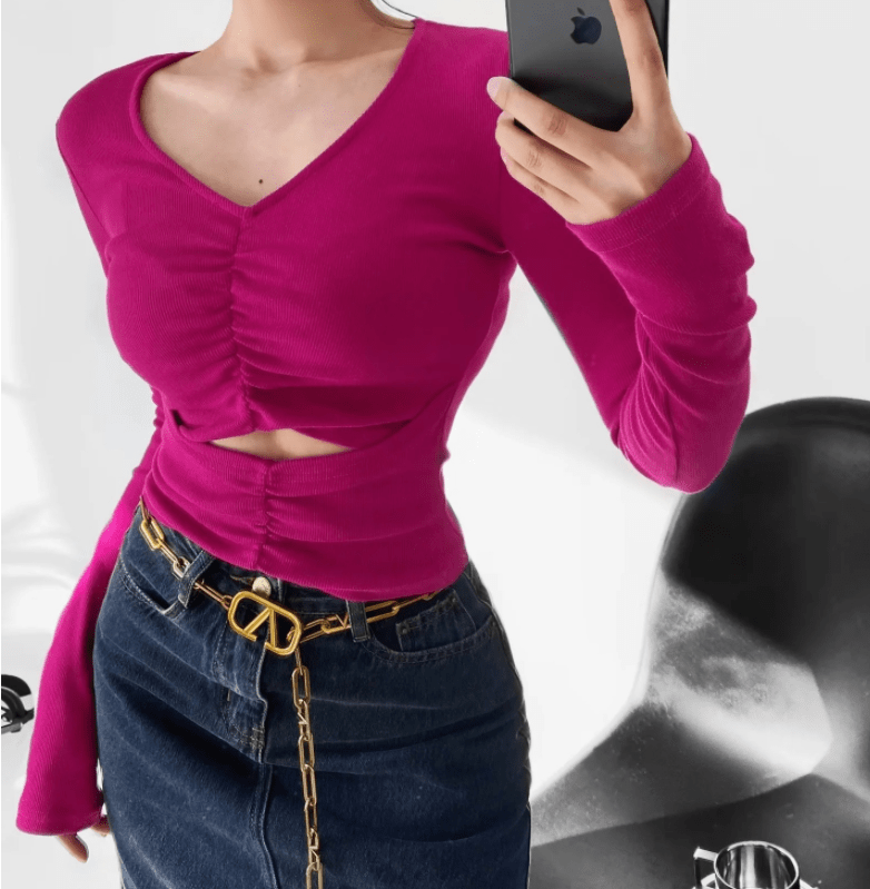 Runwaylover 1521 V-Neck 2023 Ladies Sexy Hollow Out T-Shirt