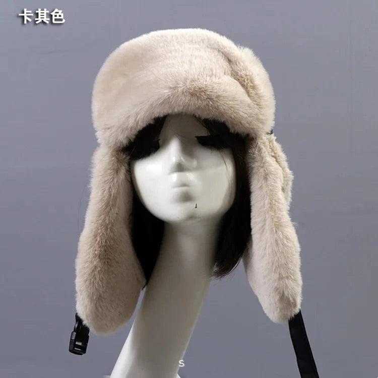 Russia Solid Color High Quality  Style Faux Rabbit Fur Warm Hats With Leather For Women Winter Fur Hat