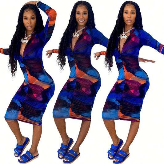 RX-8335 Hot selling zip up digital printed dress causal long sleeve bodycon dresses pleated woman fall dress