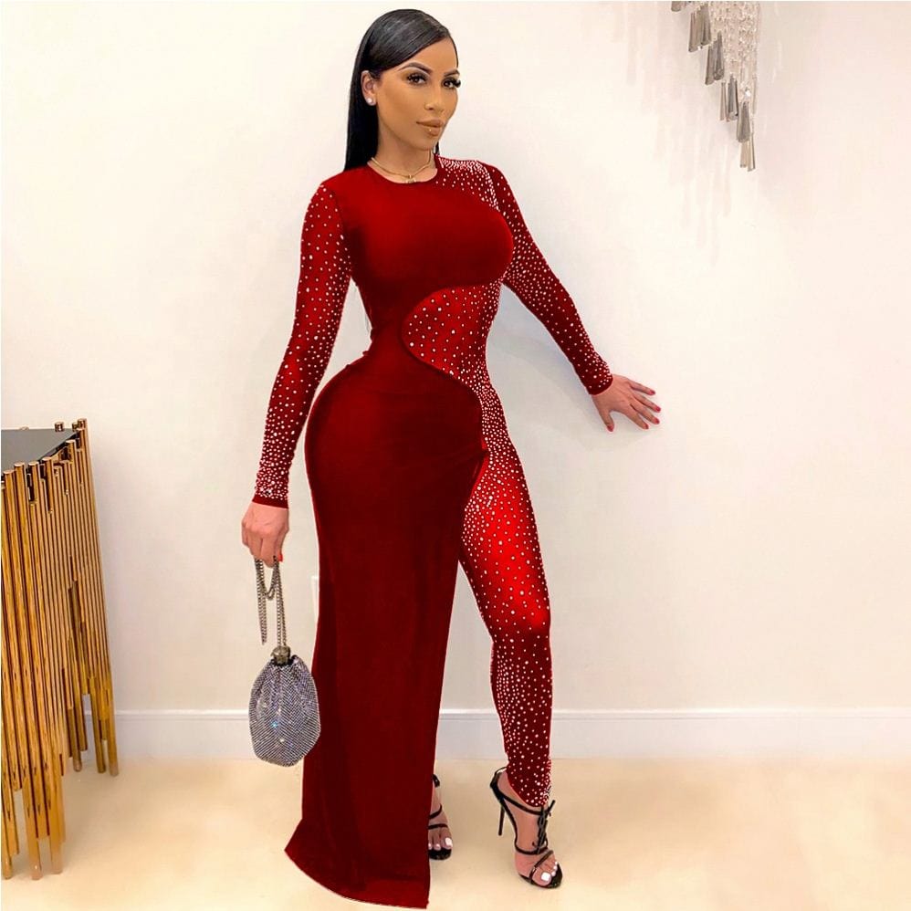 RX-CY8832 Best selling spring solid long sleeve diamond dress pants one piece women long dress