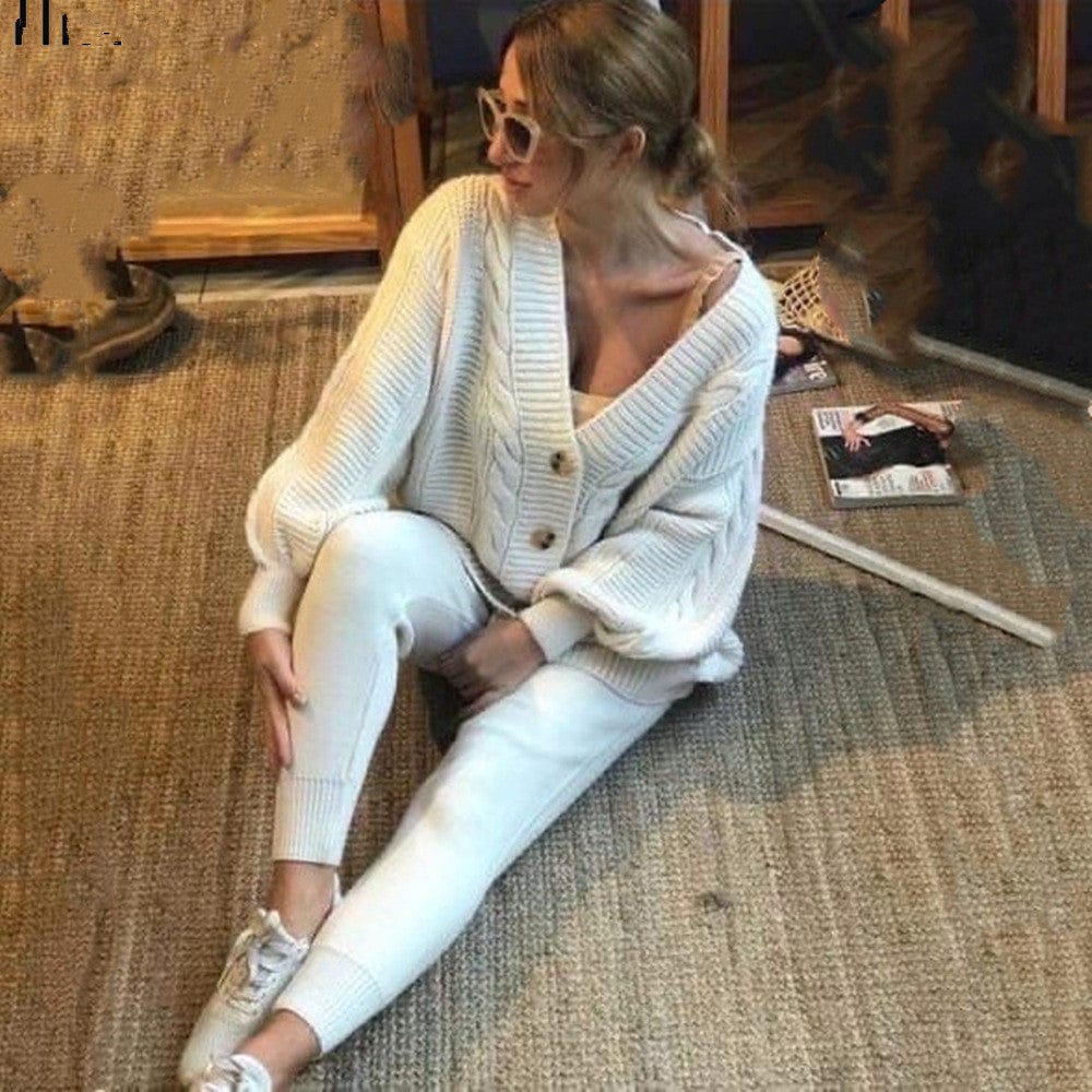 S / #01 Casual Women's Loose Long Sleeve Knit Button Down Cardigan Sweaters 2 Pieces Long Pants Set Winter Fall