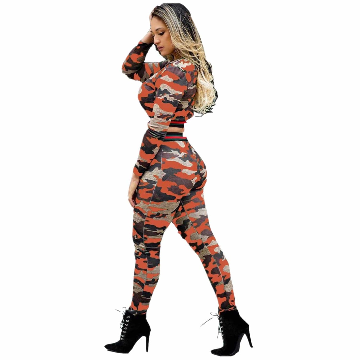 S / #01 Women Casual Camo 2 Piece Outfits Jogging Suits Sweatsuit Long Sleeve Crop Top Leggings Pants Set Tracksuits