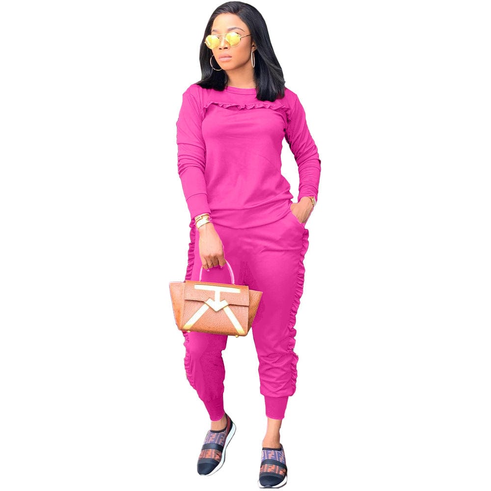 S / #01 Women Solid Ruffle Two Piece Outfit Long Sleeve Crewneck Pullover Tops And Long Pants Sweatsuits