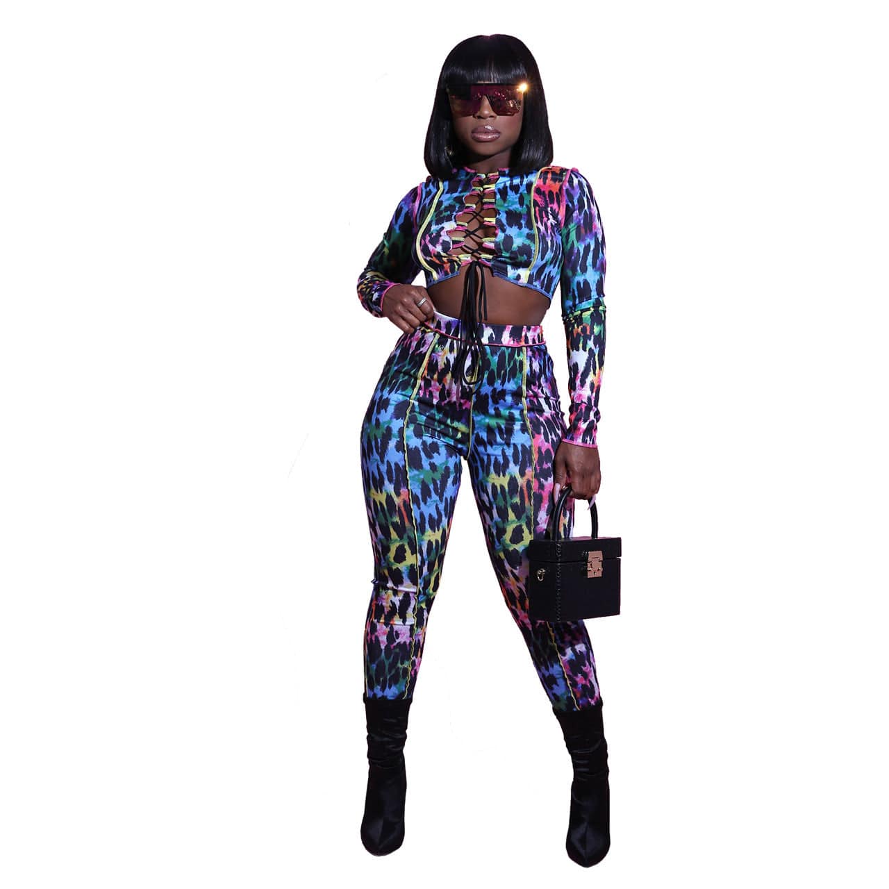 S / #01 Women Two Piece Outfits Casual Long Sleeve Hollow Out Lace Up Crop Top Tight Pant Set Leopard