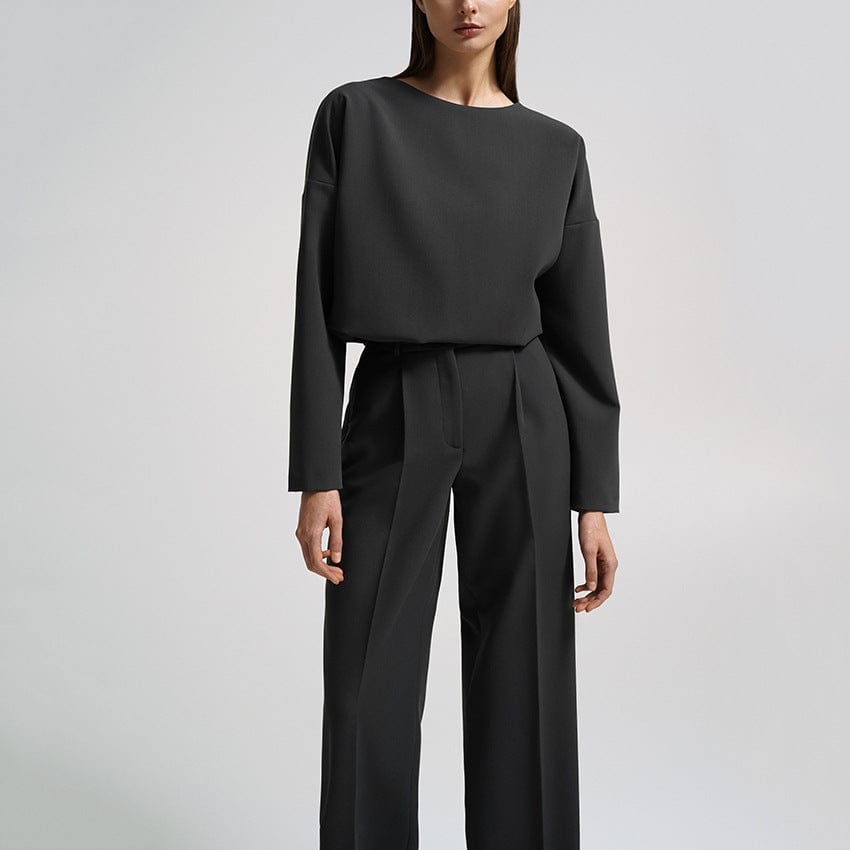 S / #02 Women's 2 Piece Outfits Plaid Long Sleeve Pullover Crewneck Top and Wide Leg Pants Set Office Lady