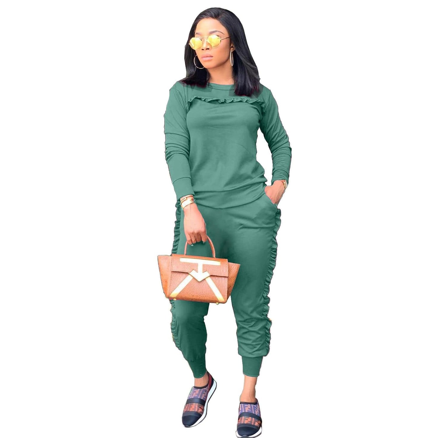S / #02 Women Solid Ruffle Two Piece Outfit Long Sleeve Crewneck Pullover Tops And Long Pants Sweatsuits