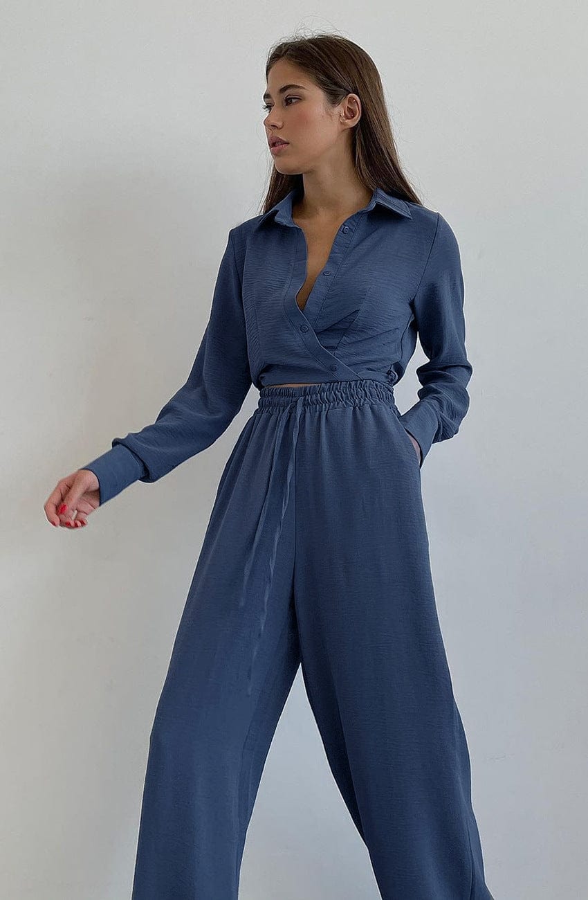 S / #03 Solid Women's 2 Piece Outfits Button Down Long Sleeve V Neck Strappy Blouse Shirt and Pants Set with Pocket