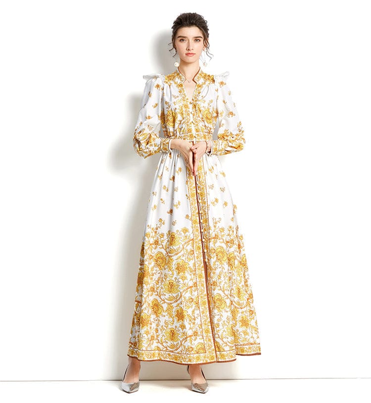 S / 1# 2022 Long Sleeve V Neck Women Print Casual Dress Ladies Fashionable Slim Elegant Casual Maxi Dresses For Date