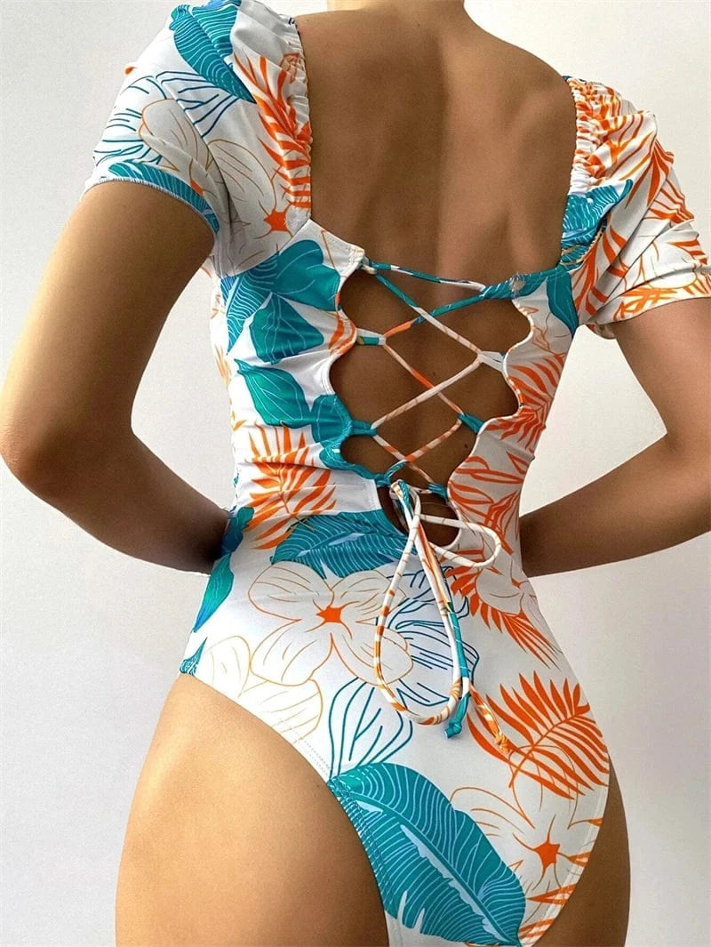 S / 1 2024 luxury women beach wear floral print hig hcut short sleeve one piece back strip bandage bikini swim suit swimsuit for lady