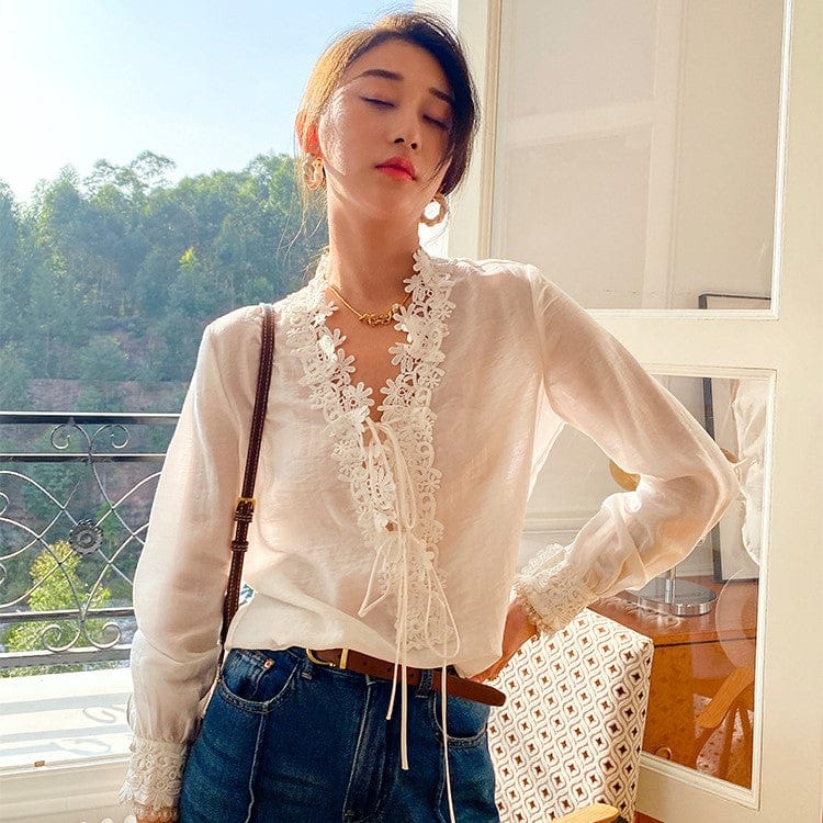 S / 1# Blouses Et Chemises Pour Femmes 2022 Organic Vegan Fabric Women Shirts Tulle Lace Stand Collar Full Sleeve Womens Tops Blouse