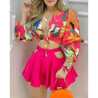 S / 1 Coldker Women Two Piec Set Print Deep V Neck Colorblock Lantern Sleeve Croop Top & Cutout Plain Shorts Set