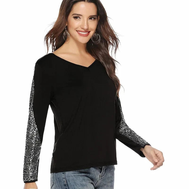 S / 1 High Quality Autumn and Winter Casual Tops Fashion Sequin Stitching Long-sleeved Shirt V-neck T-shirt Women
