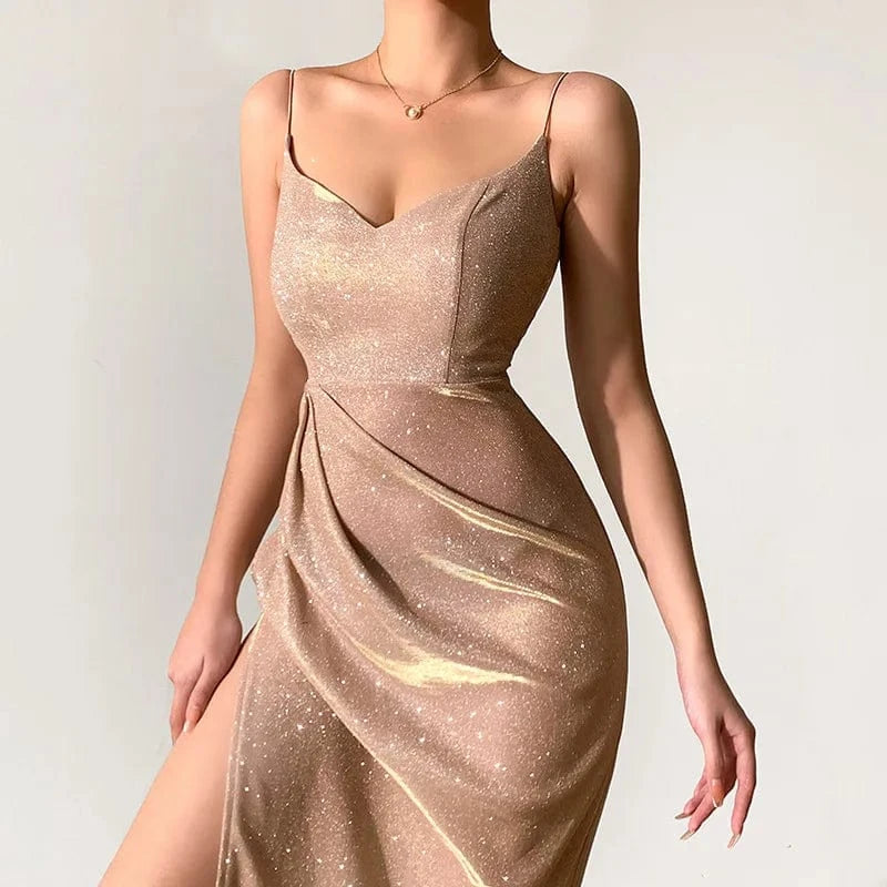 S / 1 High Quality Spring New Glitter Dress Sexy Deep V Neck Suspender Dress Slit Temperament Long Dress Female